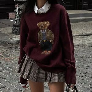 Unbranded polo style bear sweater maroon M NWOT